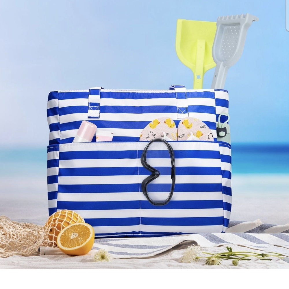 NWT Blue and White Striped Large Beach Tote With Handles & Multiple Pockets